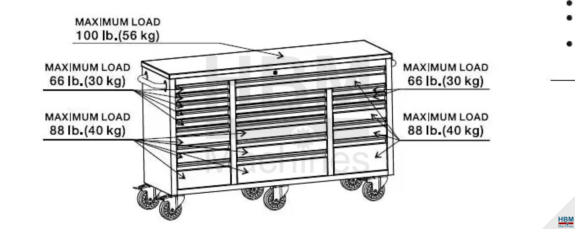 Chariot à outils mobile HBM avec plan de travail en bois - 146 cm - Noir 