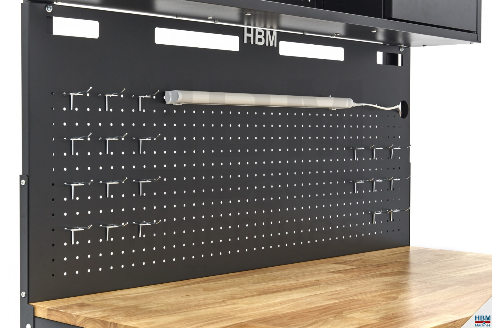 HBM 115 Cm. Établi avec plan de travail en bois, panneau arrière, éclairage  LED, 20 crochets