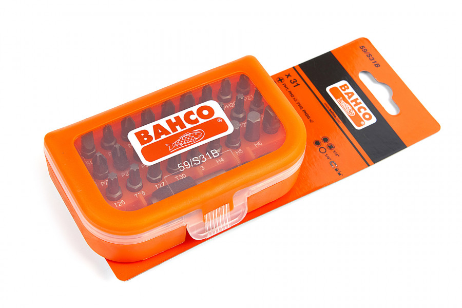 Bahco 31-teiliger Bitsatz für Schlitz-, Phillips-, Pozidriv-, TORX®- und  Sechskantschrauben, Bithalter und Adapter